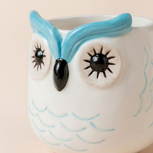 A close-up of the small white planters with an owl design. Showing its ceramic feature and its vivid painting on the surface.