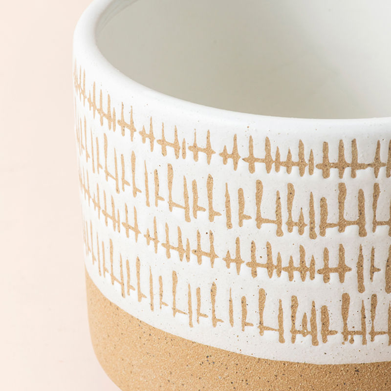 A close-up of the beige planter, showing its glazed finish with cross-hatched design pattern.